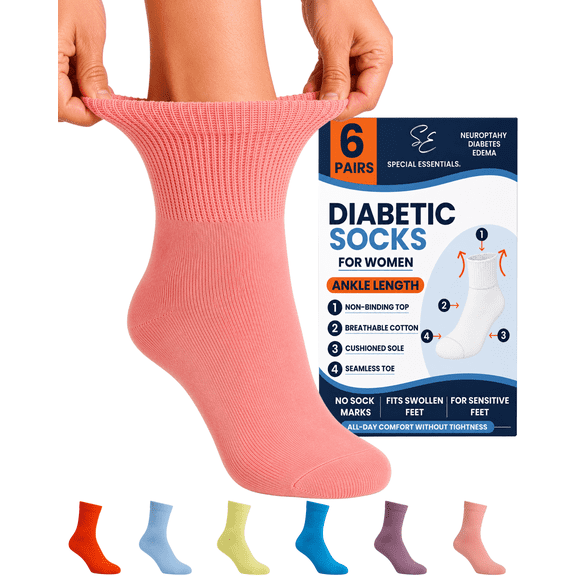 Special Essentials 6 Pairs Women's Non-Binding Diabetic & Circulator Ankle Socks - Comfortably Soft, Moisture-Wicking Cotton Assorted Multicolors