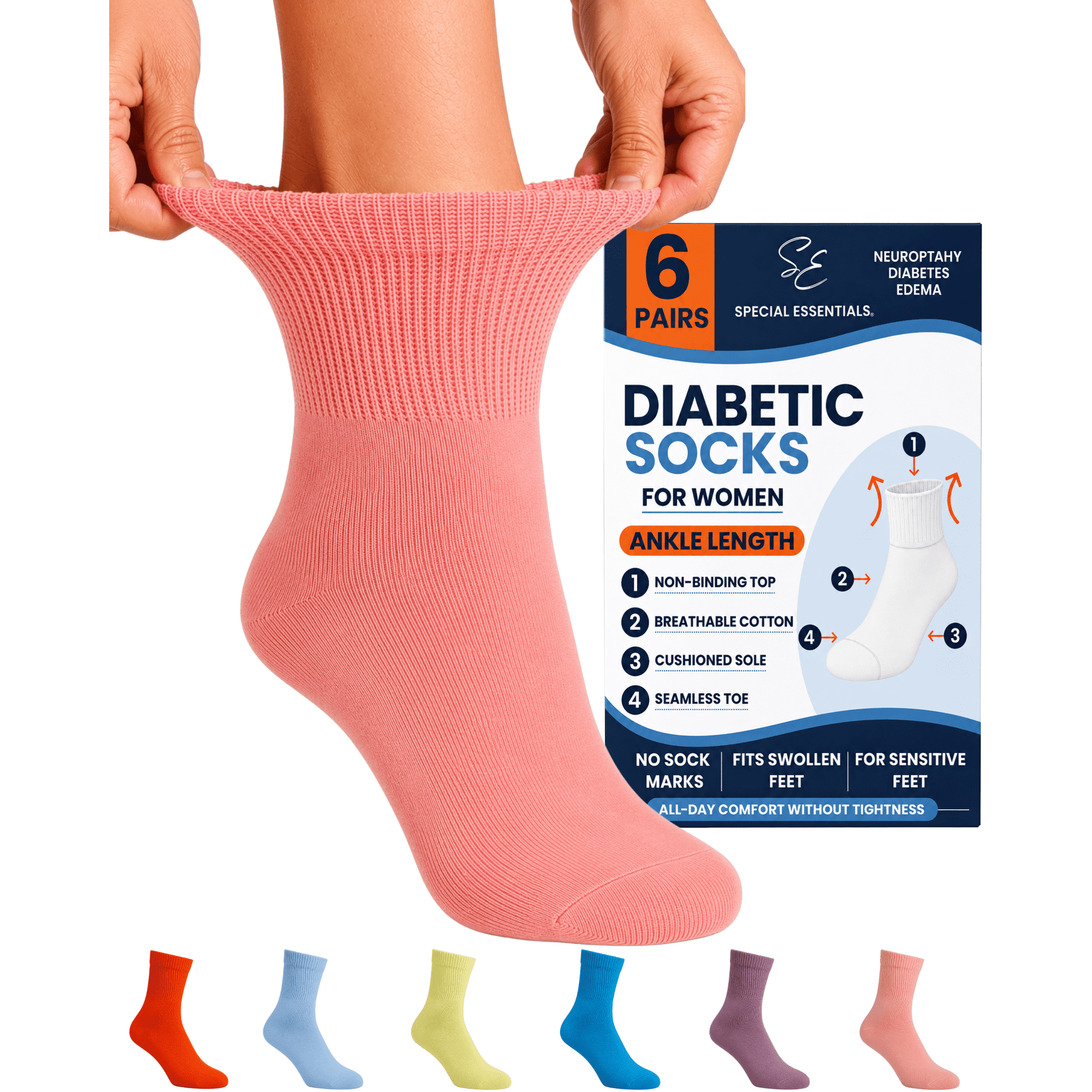 Special Essentials 6 Pairs Women's Non-Binding Diabetic & Circulator Ankle Socks - Comfortably Soft, Moisture-Wicking Cotton Assorted Multicolors