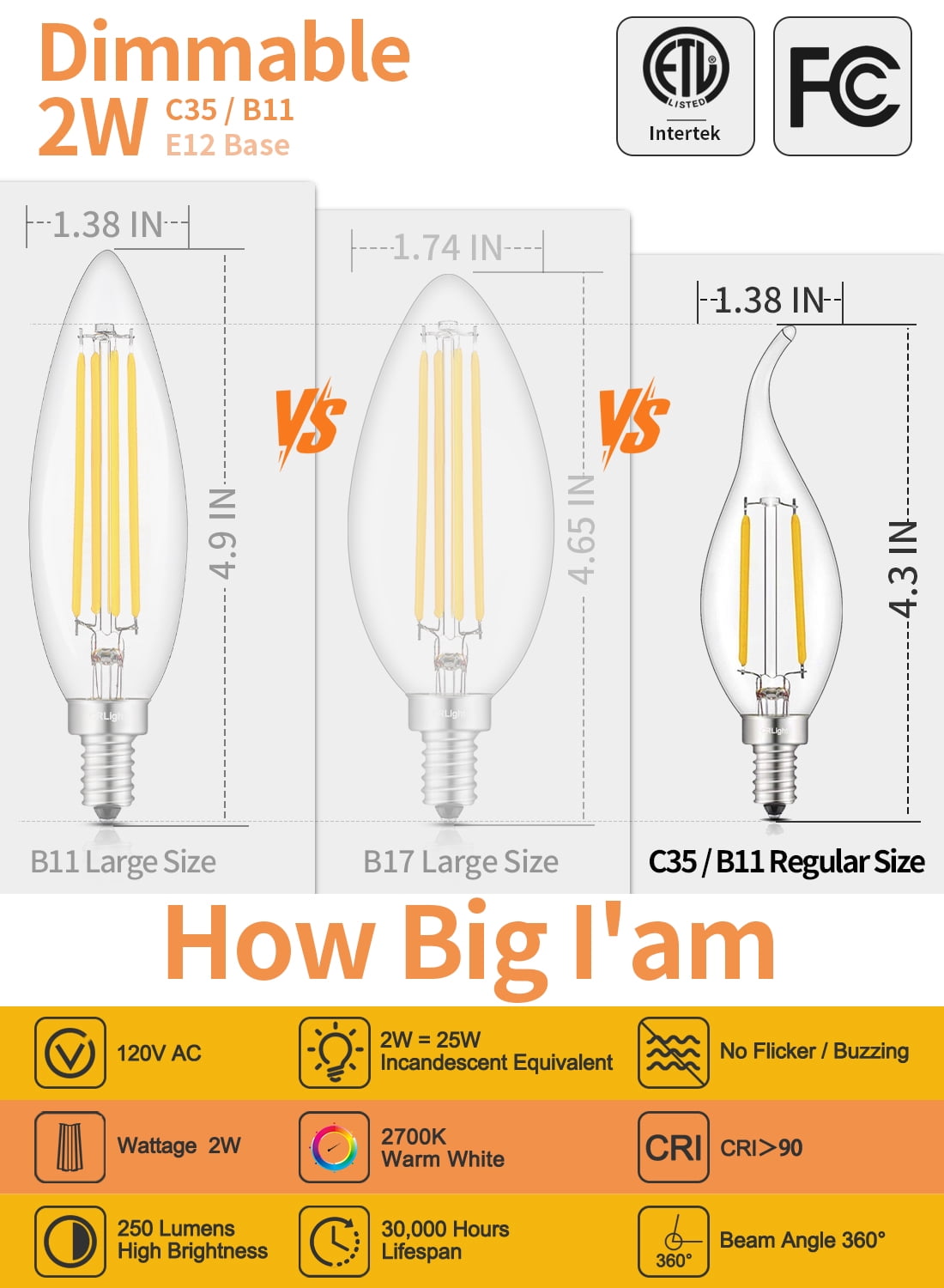 CRLight LED Dimmable 2W 25W Equivalent Warm White E12 C35 Decorative Light Bulbs, 10 Pack