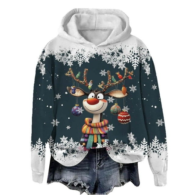 WILLBEST Sudadera con Capucha Oversize para Mujer, Estilo Casual, con Estampado Navideño de Ciervos con Cabeza Grande y Copos de Nieve, Cuello Redondo, Manga Larga y Diseño Ligero Chica