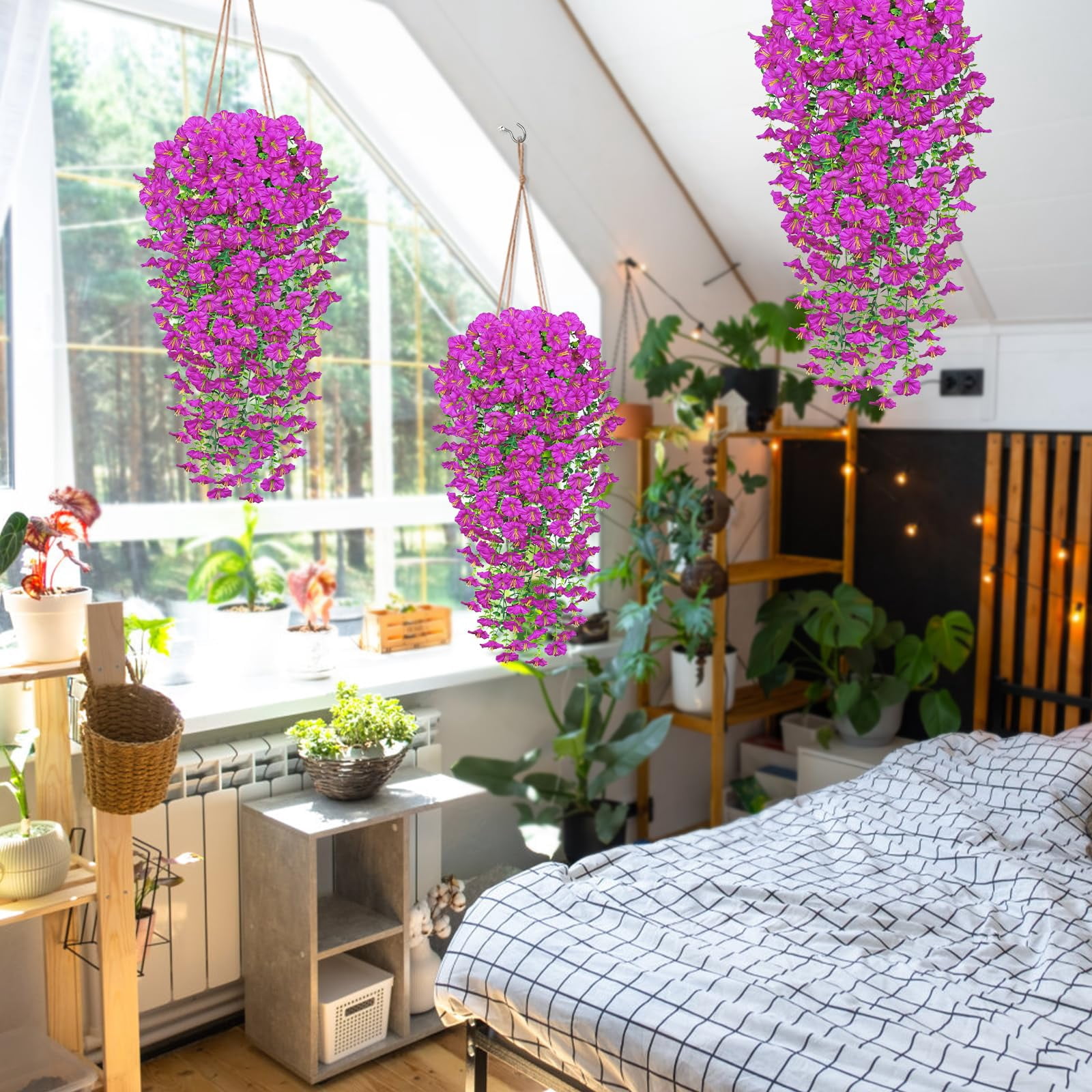 Artificial Fake Hanging Flowers Plants for Outdoor 2PCS Faux Silk Morning Glory Flowers with Eucalyptus Leaves UV Resistant Hanging