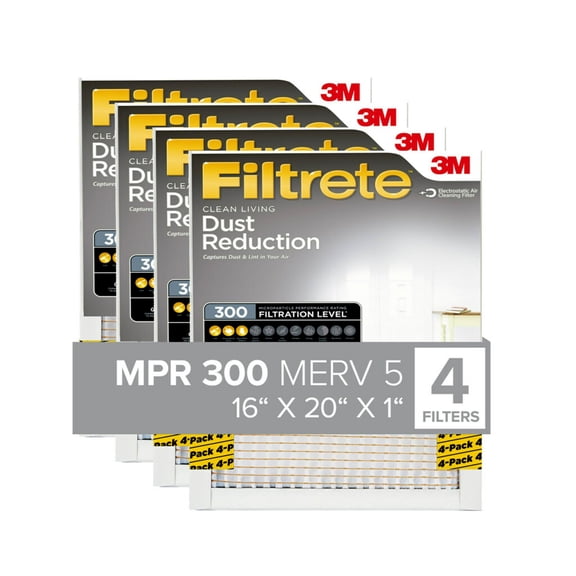Filtrete 16x20x1 HVAC Furnace Air Filter, MPR 300 MERV 5, Dust Reduction, 4 Filters