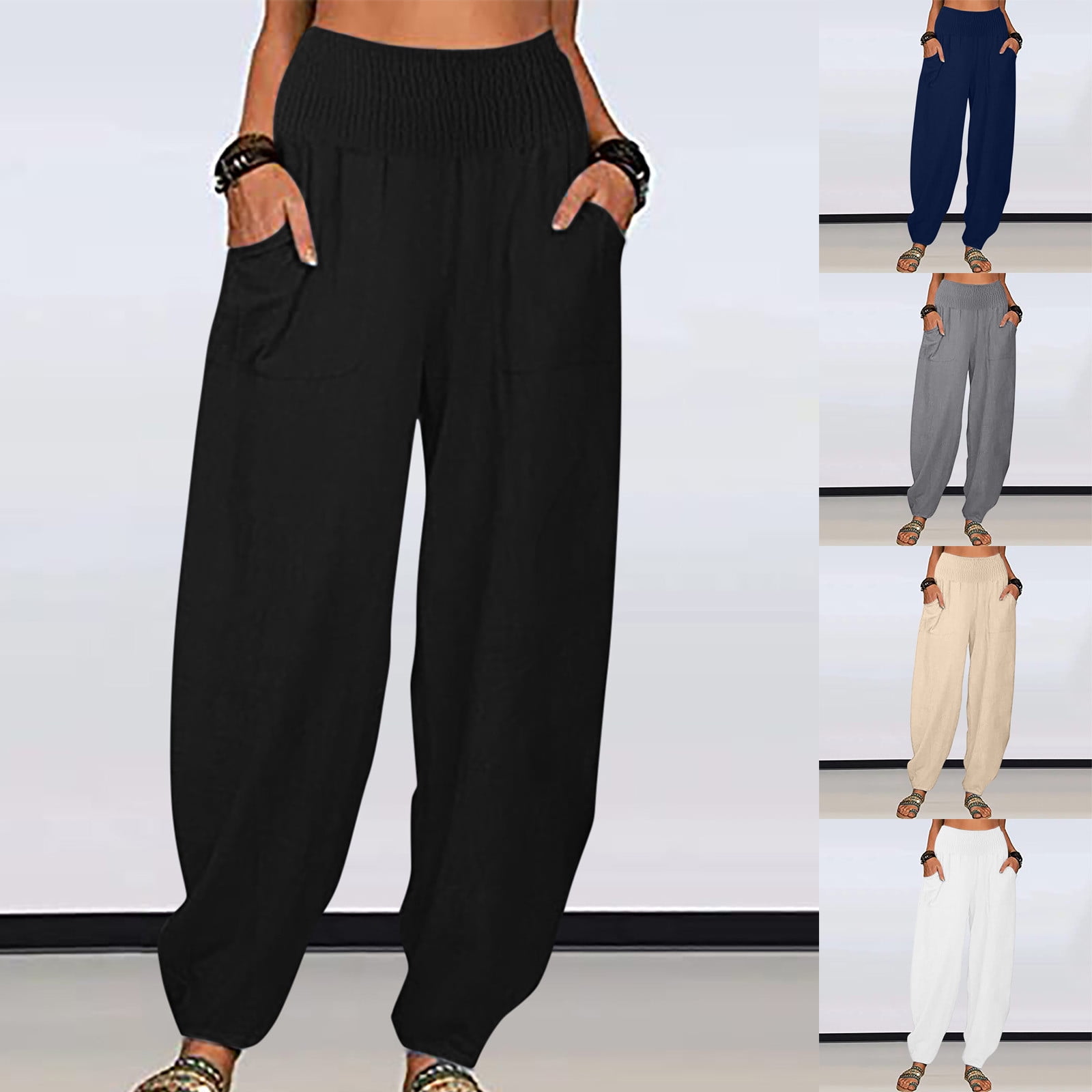 symoid Womens Summer Cotton Linen Pants on Sale Casual Solid with