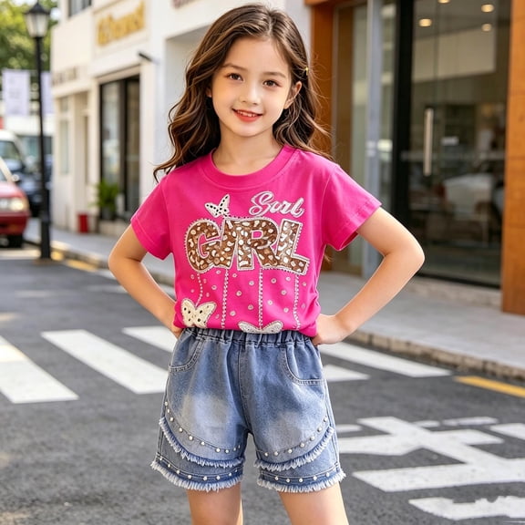 Toddlers Girls 2 Piece Outfit Sets Kids Cute Bow Hotfix Rhinestone T Shirt Denim Shorts Children's Short Sleeve Tops Jean Short Pants Childs Summer Shirts Set