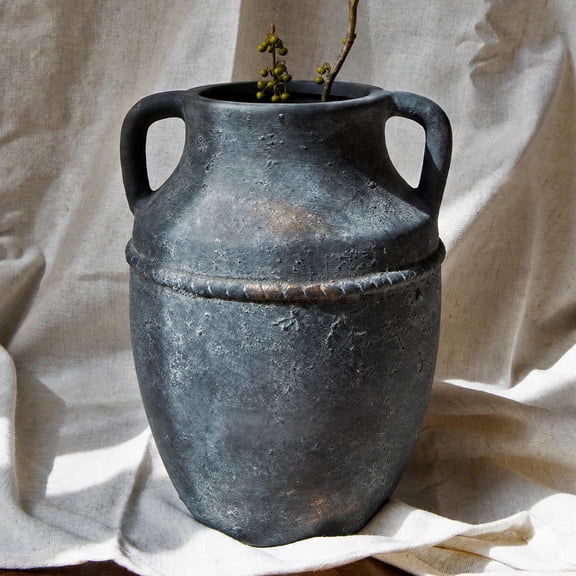 9" Vintage Ceramic Vase with Handles, Rustic Farmhouse Home Decor