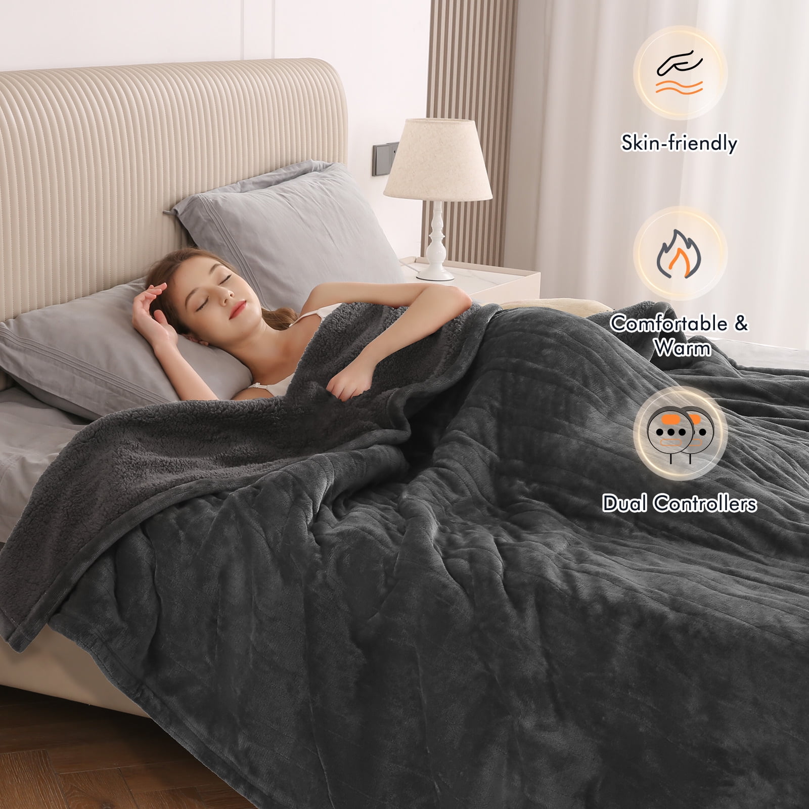 MARNUR Heated Blanket Queen Size 84''x90'', Fast Heating with Dual Controllers Electric Blanket, 10 Heating Levels, 10H Timer, Preheat Function - Gray