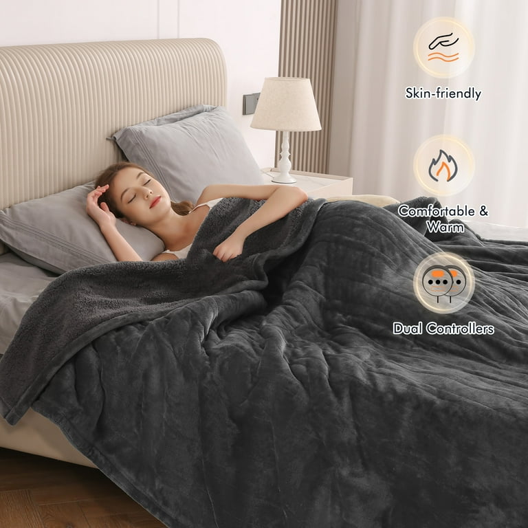 Electric Heated Blanket Queen Size 84 x90 Fast Heating with Dual Controllers 10 Heating Levels 10H Timers Preheat Function Machine Washable Gray Walmart