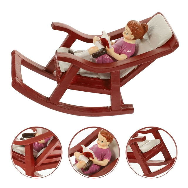 OULII 1Set Decorative Miniature Rocking Chair Red Resin for Landscaping Decor and Model Furniture