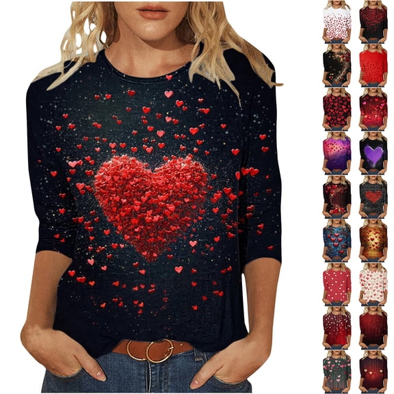 JTZGDY Plus Size Valentines Day Tops for Women Funny Love Heart Pattern Print 3/4 Length Sleeve Crewneck Graphic Holiday T-Shirts Trendy Oversized Dressy Casual Tunic Blouse Multicolor#16 XXXXL