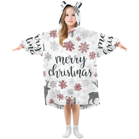Red Gray Plaids Christmas Deer Flannel Wearable Blankets Hooded Design Long Sleeves Wrap Unisex for 3T-14Y S