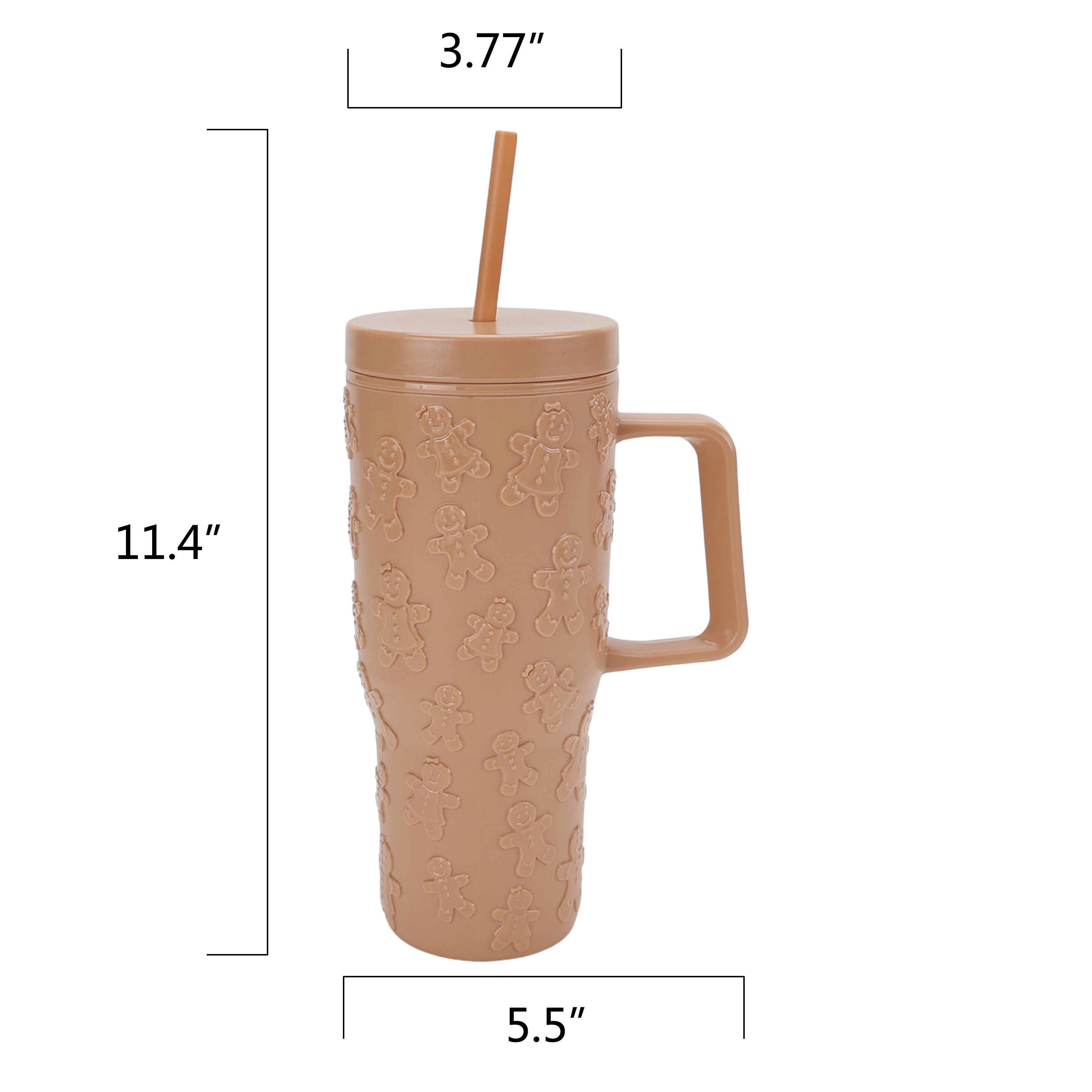30 Ounce Tan Acrylic Double Wall Embossed Gingerbread Tumbler with Straw and Handle, by Holiday Time