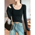 thumbnail image 3 of Women Long Sleeve Shirts Square Neck Tops Ribbed Knit Basic Crop Tops Fall Outfits Fashion Clothes Black L, 3 of 5