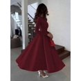 thumbnail image 3 of Burgundy Long Sleeve Pleated Midi Dress, Elegant A-Line Swing Party Formal, 3 of 10