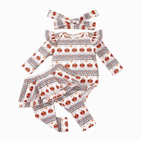 TOWED22 Newborn Baby Girl Halloween Outfit Pumpkin Print Long Sleeve Romper Pants Set Cute Infant Fall Clothes,18-24 M