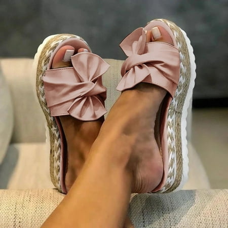

BRISEZZS Flat Sandals for Women- Woven Bow Casual Open Toe Roman Summer Sandals #435 Pink