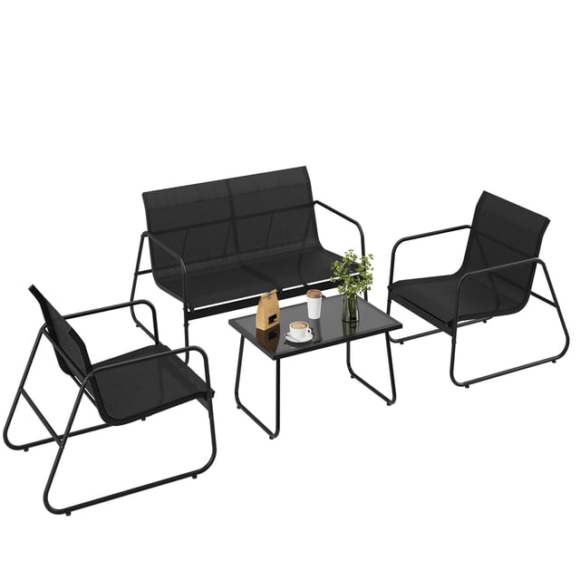 Gaderth Ensemble de Mobilier de Patio 4 Pcs, Ensemble de Conversation Extérieur avec Causeuse, 2 Chaises Simples et Table Basse en Verre, Ensemble Bistro de Patio en Textilène pour Cour Arrière Balcon Véranda Pelouse au Bord de la Piscine Jardin