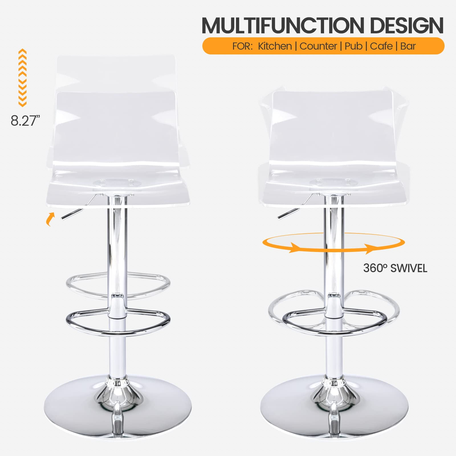 Bar Stools Set of 2, Adjustable Acrylic Swivel Airlift Barstools, Modern Counter Stools with Back and Footrest for Bar, Kitchen, Dining Room (Clear)