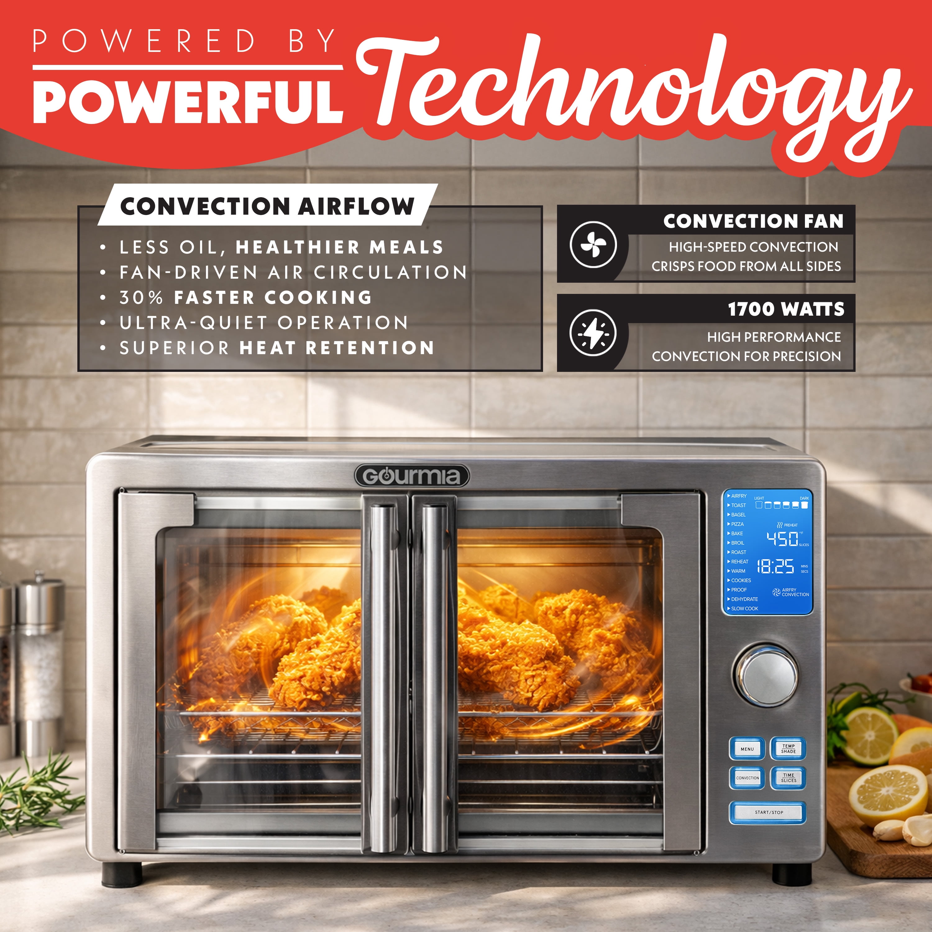 Gourmia Air Fryer French Door Toaster Oven - 6-Slice Capacity, LED Display, 14 Presets, Stainless Steel