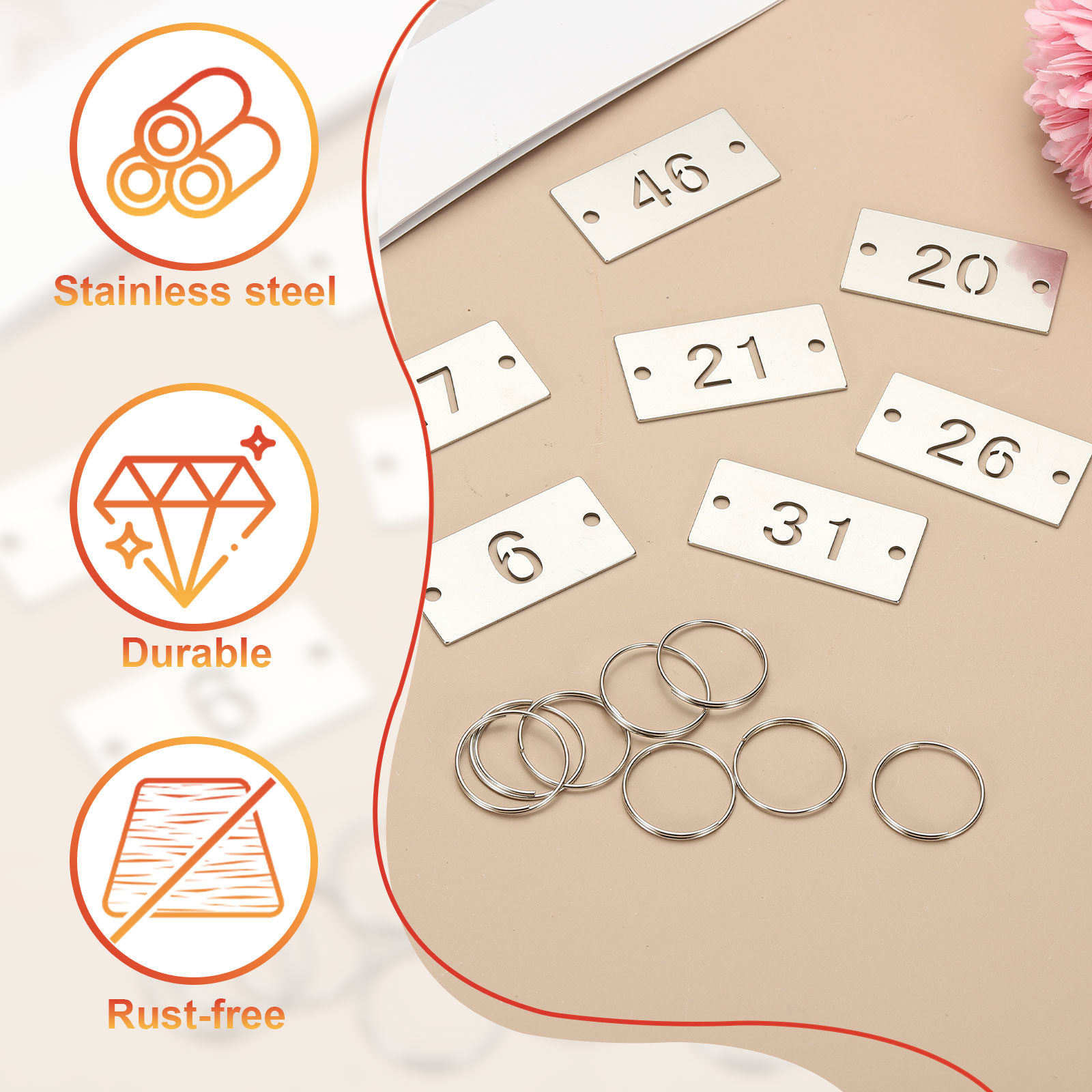 50PCS Number Tags 51-100, Number Key Tags Stainless Steel Numbered Keychain Metal Sheet Plate with 2 Holes Key Rings for Plant Organizer Field Hangers Labels, Rectangle, Silver
