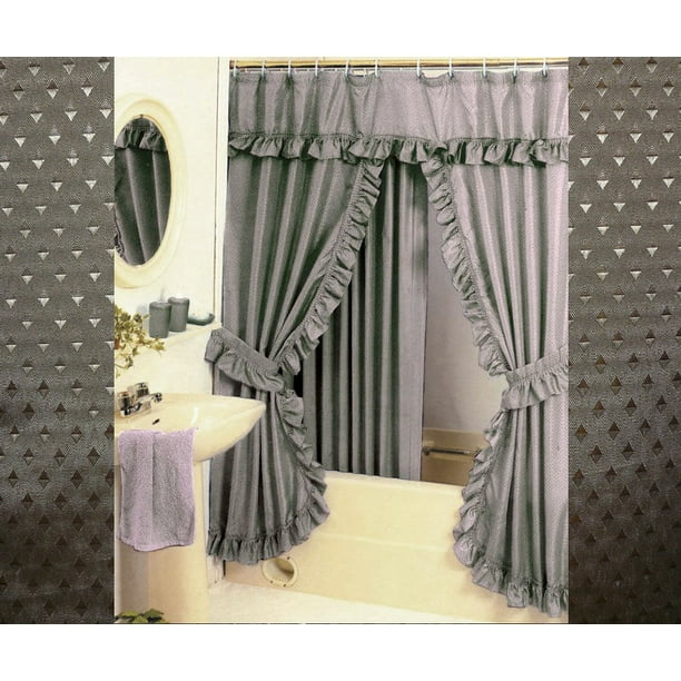 Diamond Pattern Fabric Double Swag Shower Curtain Set Tiebacks Hooks
