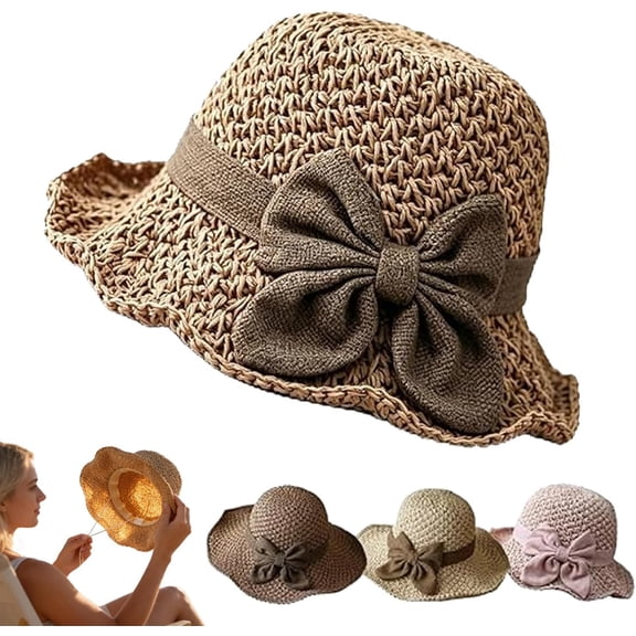 Elegant Woven Straw Sun Hat With Bow, Sun Hat With A Bow, French Style Wide Brim Packable Straw Beach Hat for Women