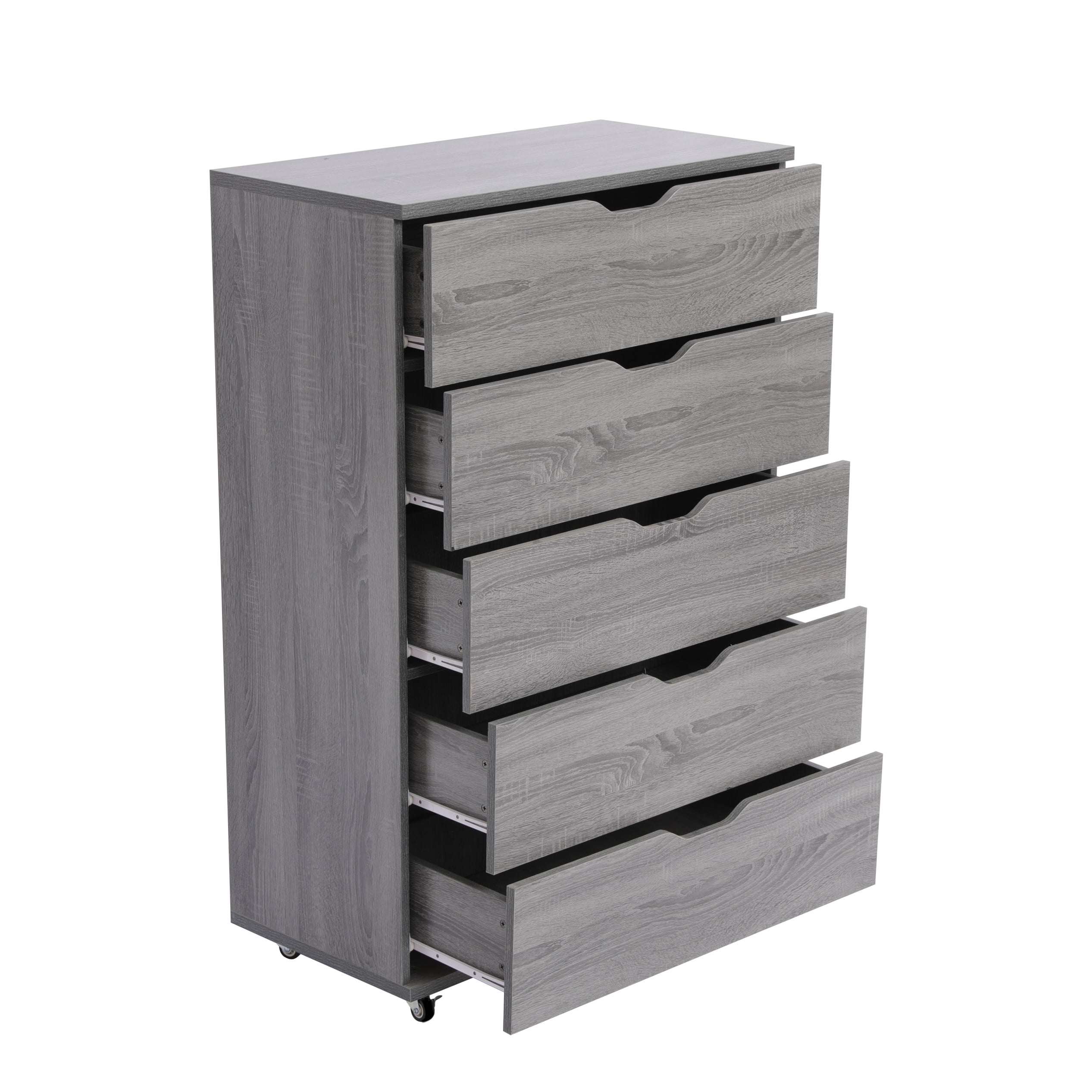 Homy Casa Gray Wood 5 Drawer Dresser Chest with Wheels for Bedroom Closet