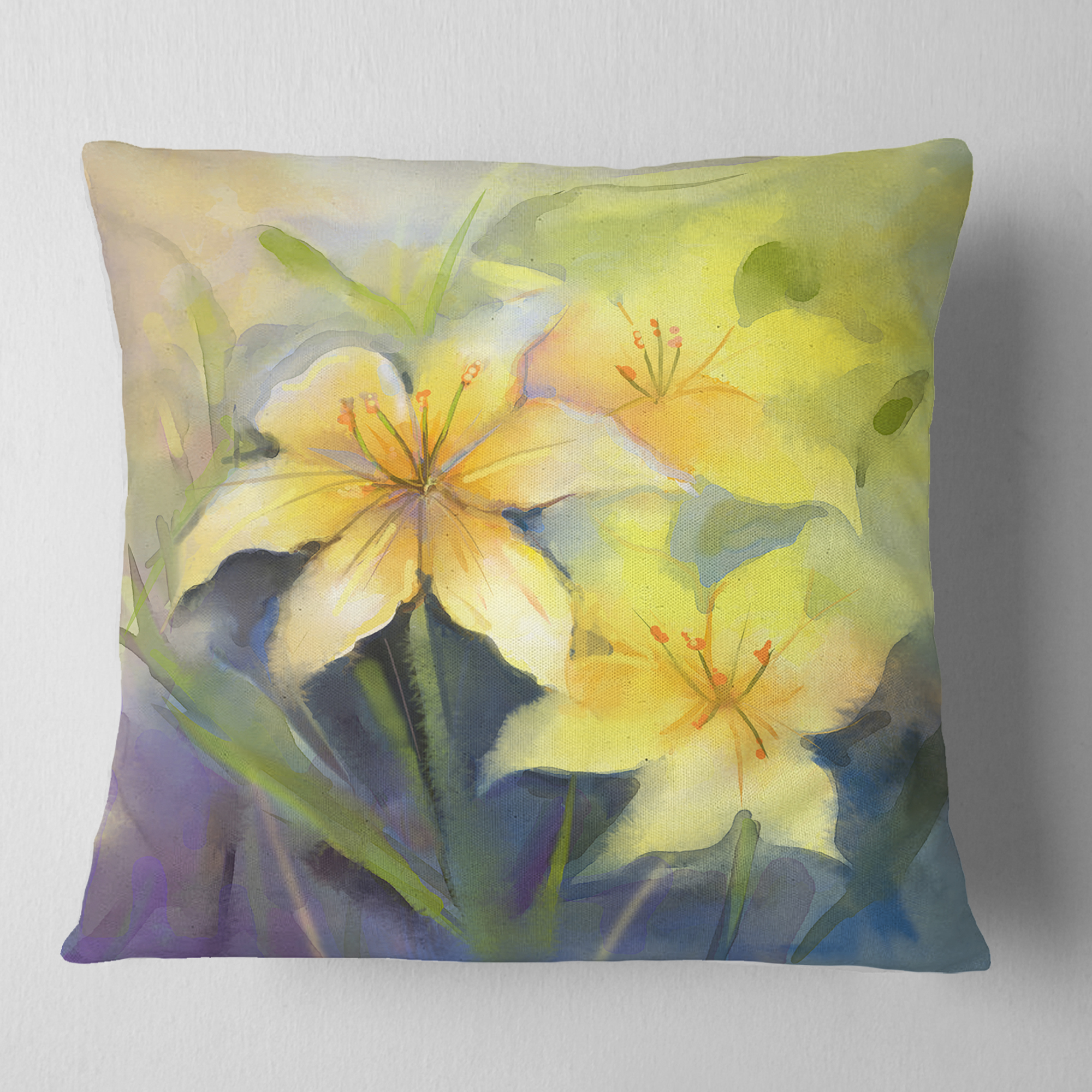 Designart Watercolor Painting Yellow Lily Flower - Floral Throw Pillow - 18x18