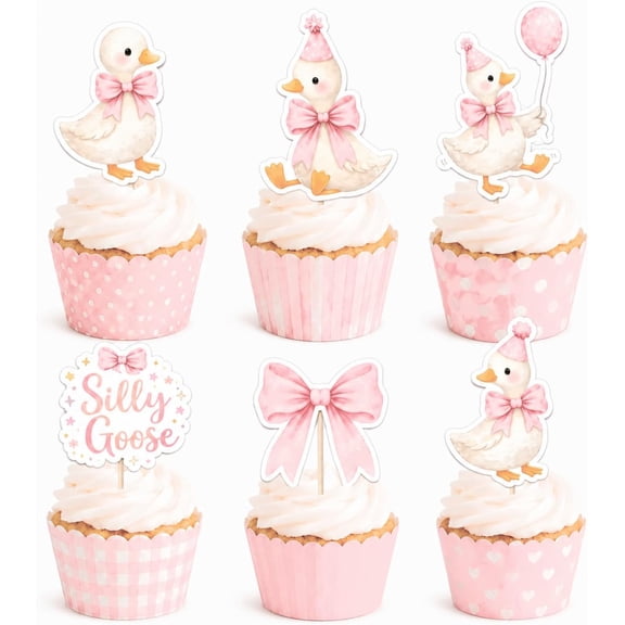 36 Pack Pink Silly Goose Cupcake Toppers, Pre-Assembled Double Sided Cupcake Decorations for Birthday Party, Baby Shower, Dessert Table and Treat Display