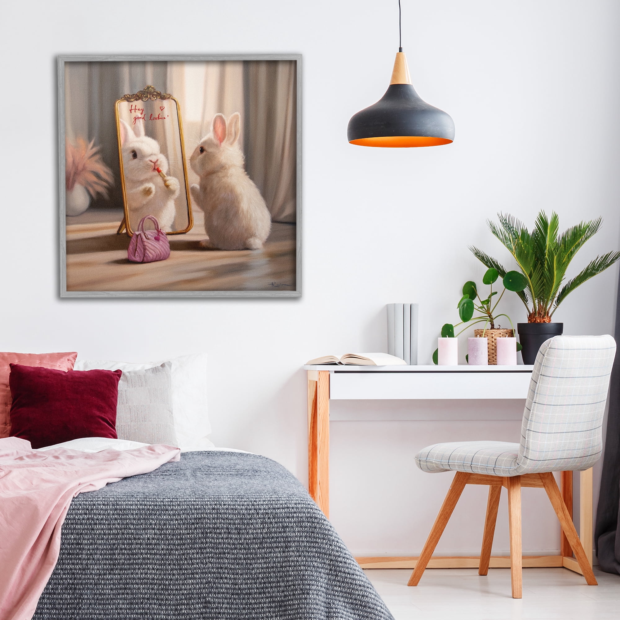 Stupell Industries Final Touch Makeup Bunny Gray Framed Giclee Art, design by Lucia Heffernan