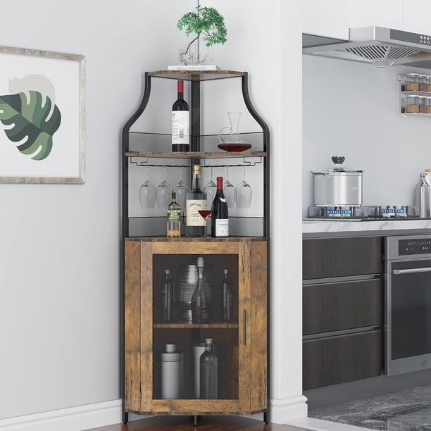 De esquina wine gabinete con removable wine rack: industrial wine bar gabinete con barn door y adjustable estantes para dining, sala de estar o kitchen in retro brown