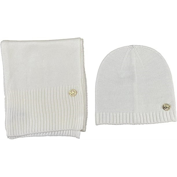 Michael Kors Women's Classic RIB Scarf and Hat Bellyband 2 Piece Set, White  