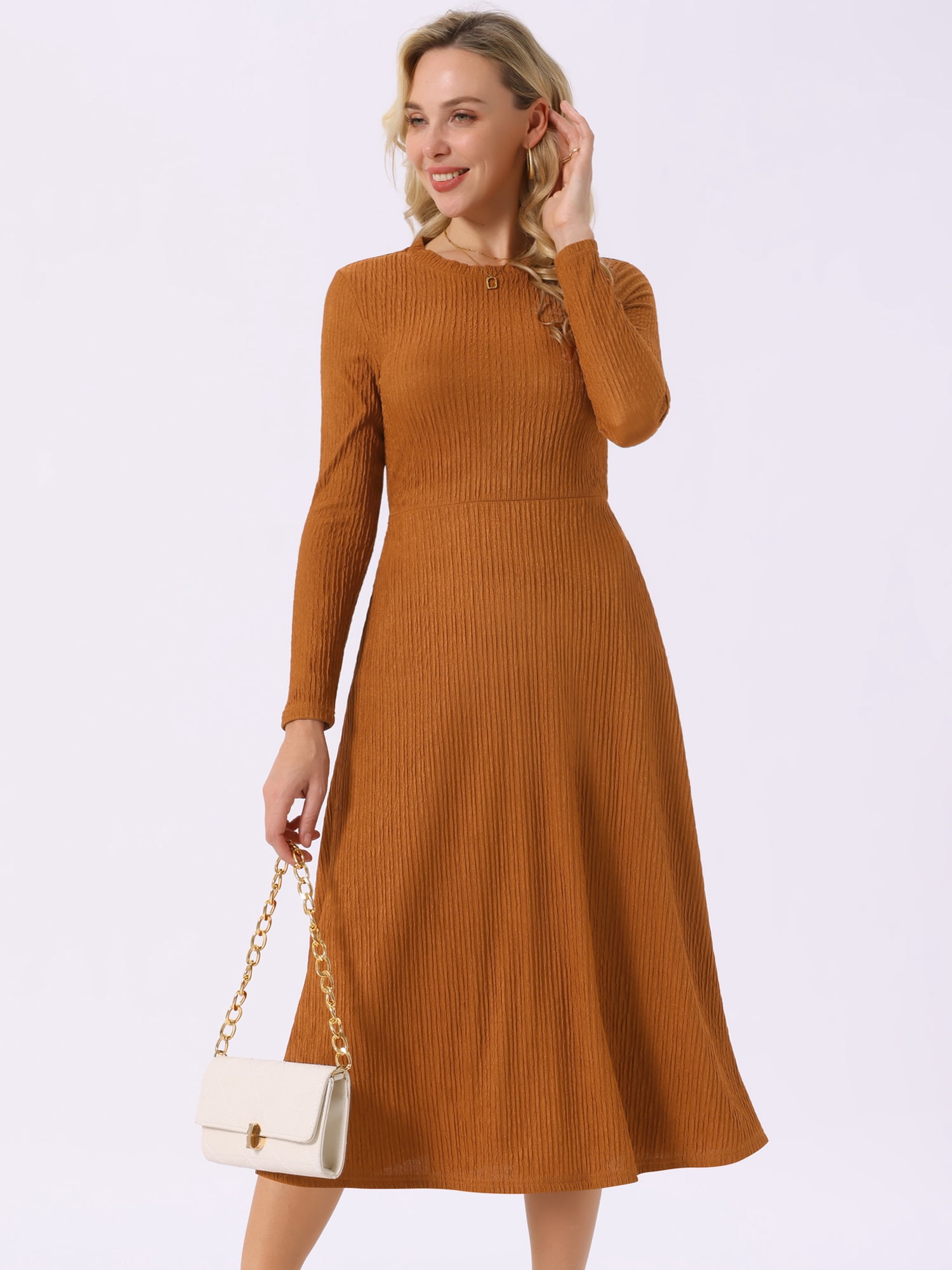 DARING DIVA Long Sleeve Crew Neck Knit A-Line Midi Dress S Caramel