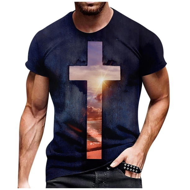 European And American Cross Print Short Sleeve Round Neck T-shirt Top 2XL