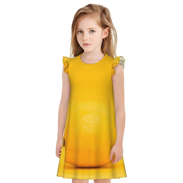 Balery Yellow Lemon Camisón de princesa para niñas, pijama de algodón con mangas abullonadas, suave y bonito.-Medium