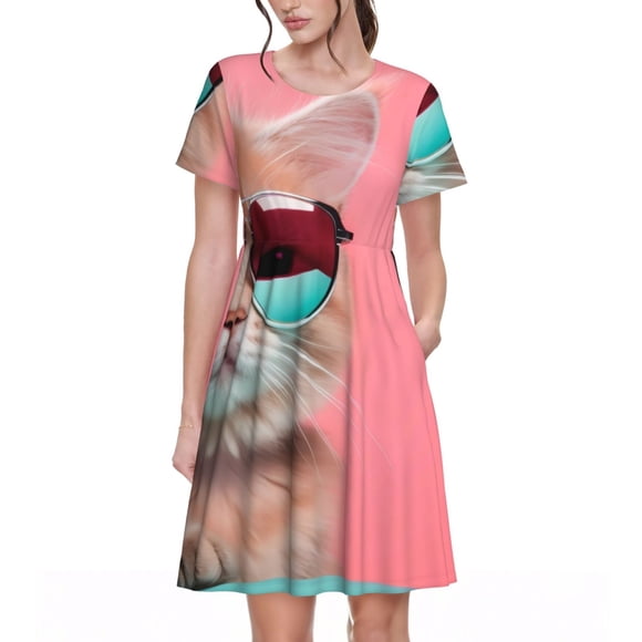 Fotbe Cool Cat Pink Sunglasses Vestido Largo de Moda para Mujer, Vestido Tipo Camiseta con Manga Corta y Estilo Casual a Rayas y Bloques de Color