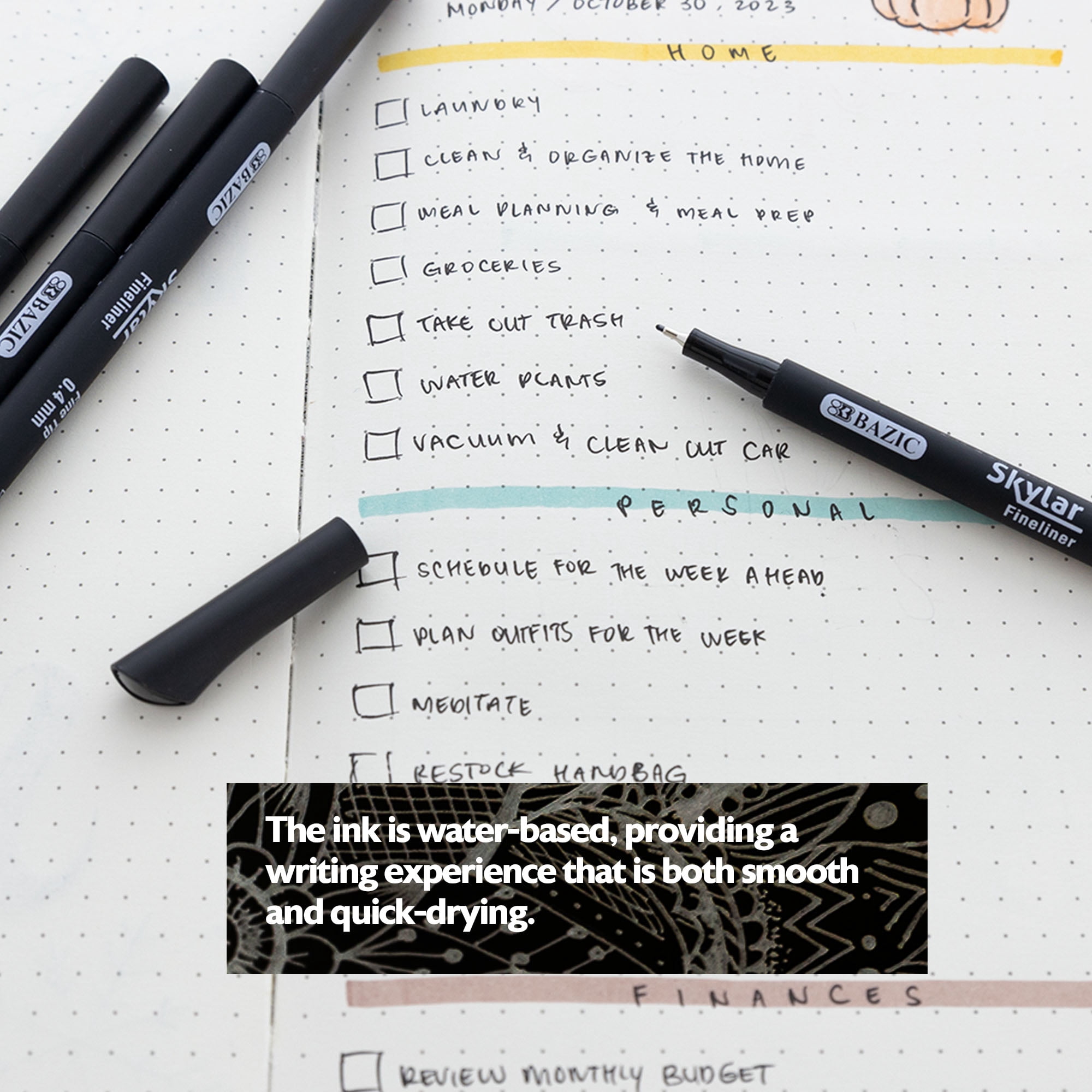 BAZIC Skylar Fineliner Pen, Fine Tip 0.4mm Pens, Black Ink, 4 Count, 24-Packs