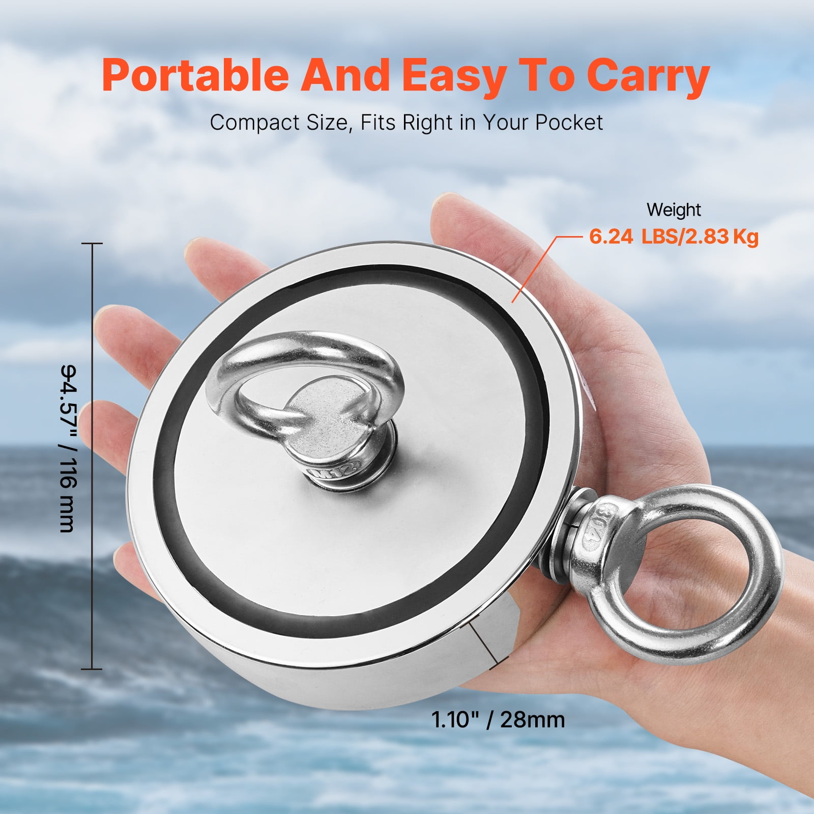 VEVOR Magnet Fishing Kit, 2000 LBS/907 Kg Double-Sided Pulling Force Strong Magnet Fishing Kit, Rare Earth Neodymium Magnetic Fishing Kit Includes Grappling Hook, Heavy Duty Rope, Gloves and Eyebolt