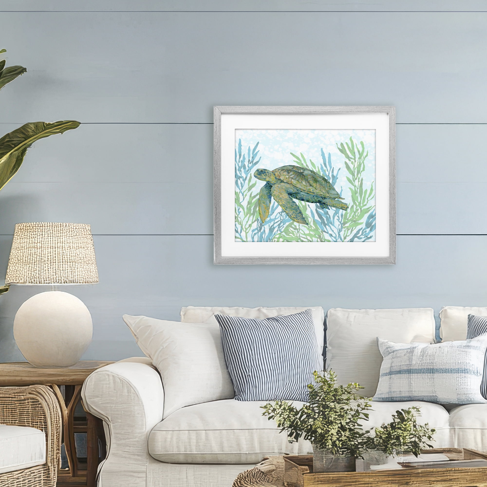 Stupell Industries Tasman Turtle in Seagrass Gray Framed Print Under Glass, design by Paul Brent