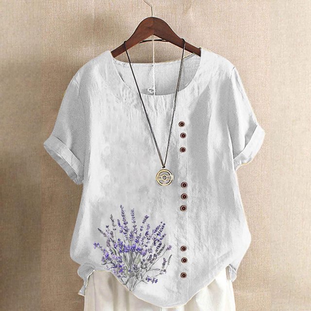 Lydiaunistar Summer Tops for Women Round-Neck Printed Blouse, Soft Polyester, Casual Daily Wear, Short Sleeve Button T-Shirt