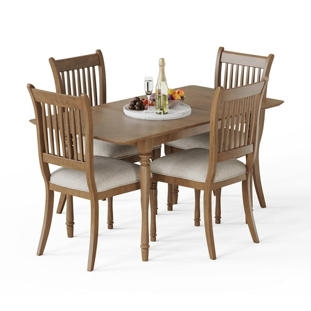 Gymax Table à Manger Ferme Ensemble de 5 W / Table à Manger Extensible et Chaises Rembourrées