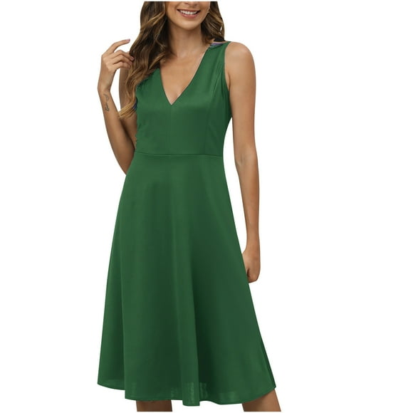 AherBiu Business Casual Dresses for Women Sleeveless V Neck Office Ladies Basic Midi Dress with Pockets