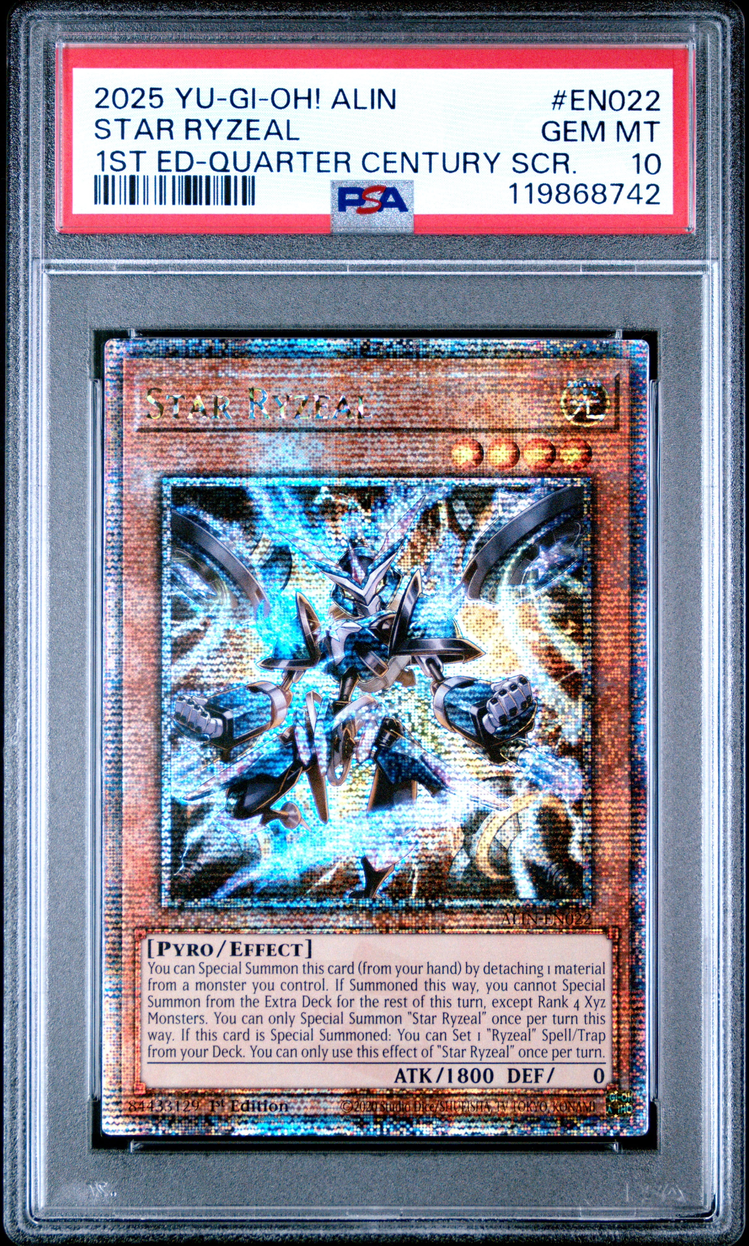 Yu Gi Oh! TCG, PSA Graded 10 GEM MINT, Star Ryzeal 1St Ed Quarter Century Scr. #EN022, Alin Alliance Insight, Fully Encapsulated Bundle with Compatible Yu Gi Oh! Hard Sealed Case