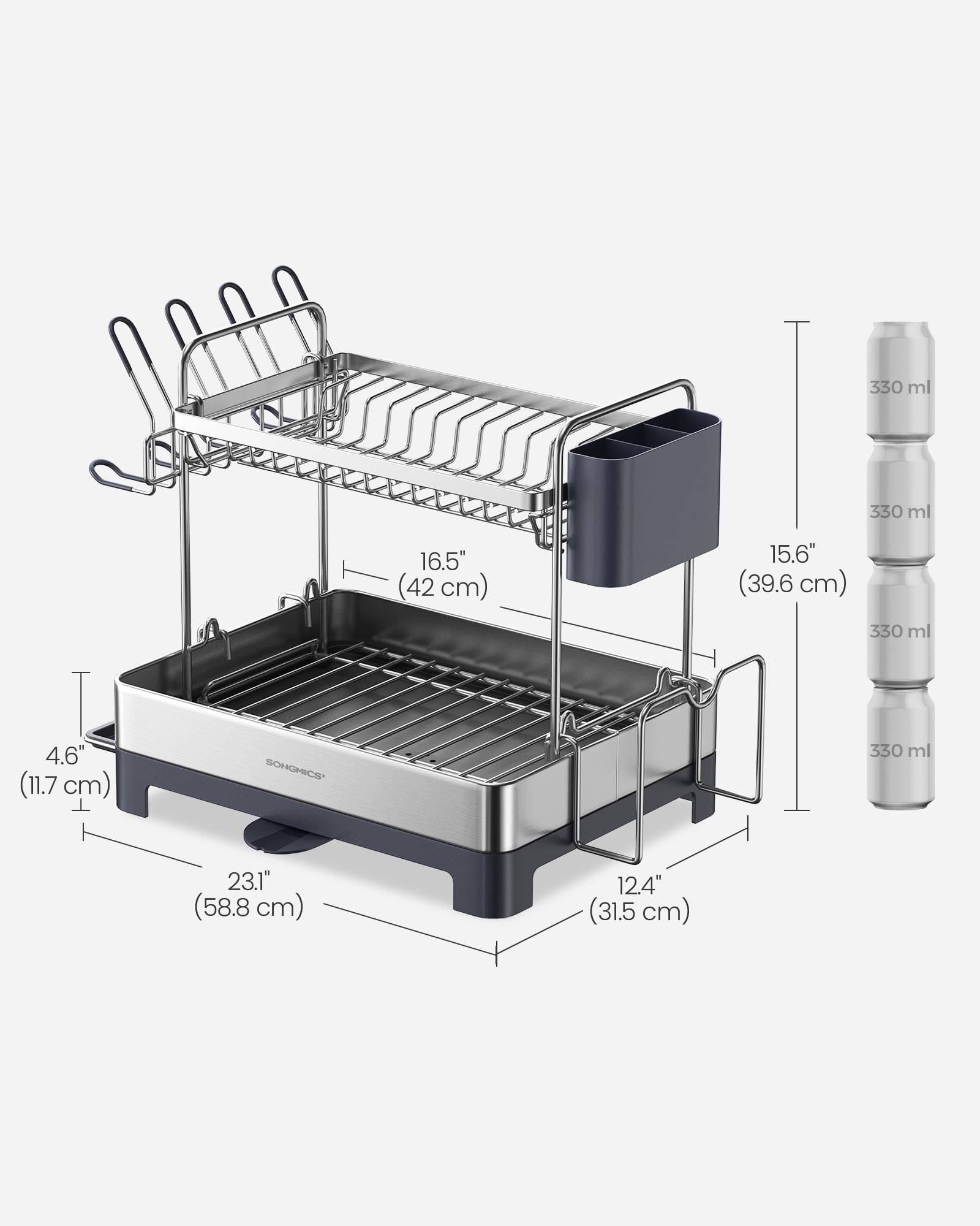 SONGMICS Dish Drying Rack - 2 Tier Dish Rack for Kitchen Counter with Rotatable and Extendable Drain Spout, Silver and Gray