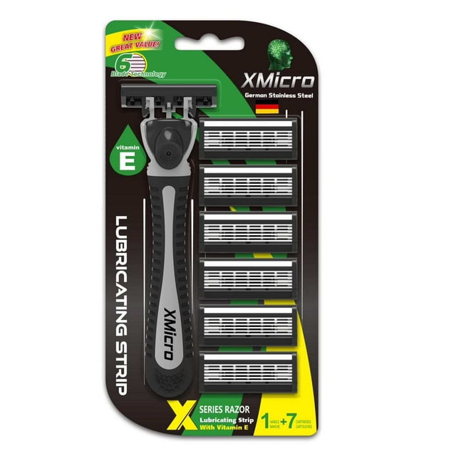XMicro Navaja de Afeitar con 7 Cuchillas de Recambio de Acero Inoxidable Alemán – Lubricada con Vitamina E y Aloe Vera – Versión para Hombre y Mujer