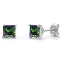 Gem Stone King 14K White Gold Green Mystic Topaz Double Notch Stud Earrings | 1.60 Cttw | Gemstone November Birthstone | Princess 5MM | Gold Earrings for Women Men