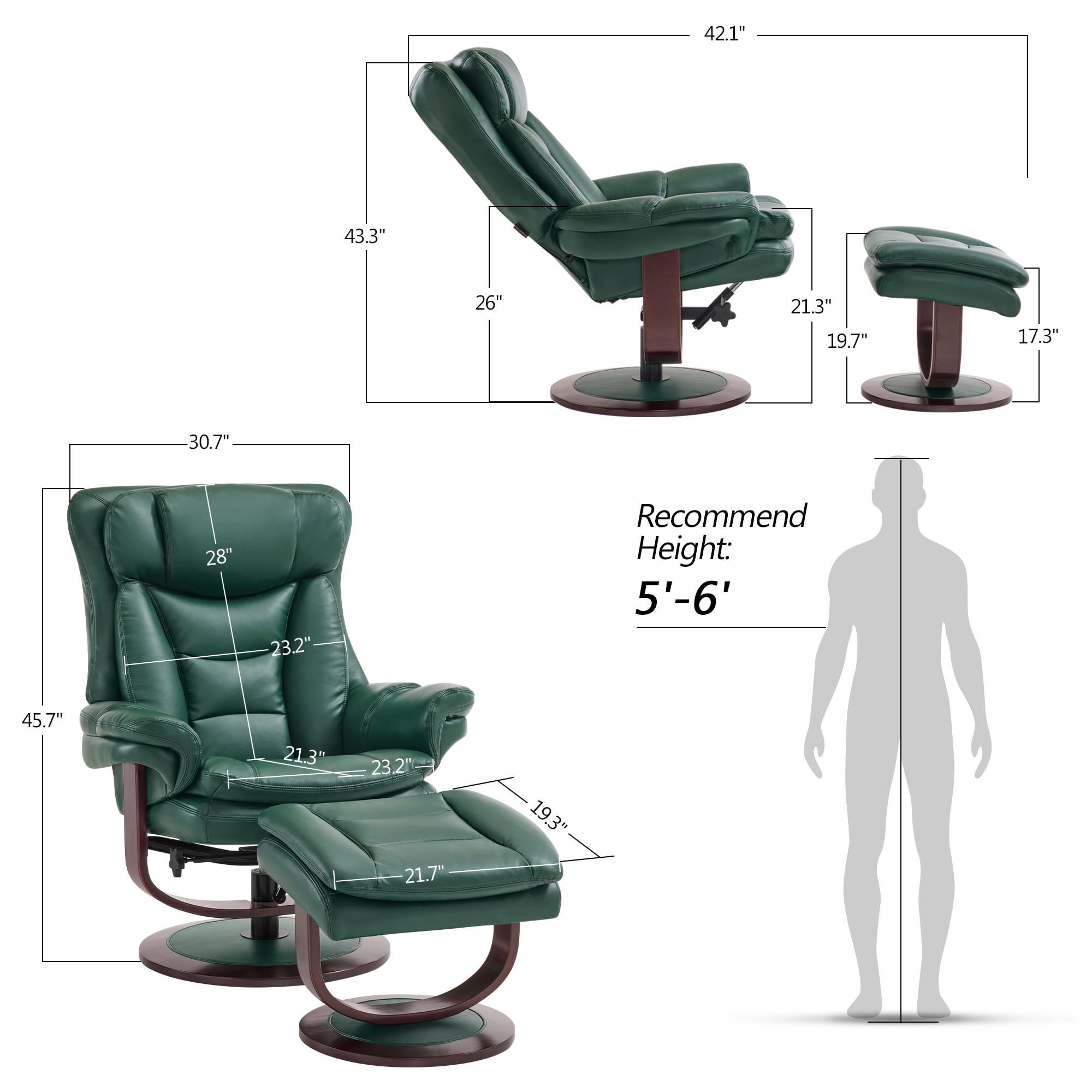 MCombo Swivel Recliner with Ottoman, Reclining Chair with Adjustable Back, Faux Leather Upholstered Lounge Chair for Living Room Bedroom Office 4651（Green）