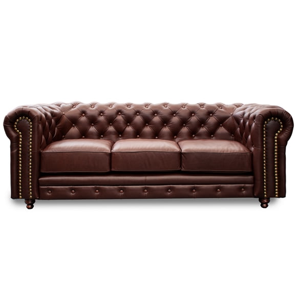 Sofá de de Piel Genuina Clásico Capitonado, 3 plazas, Modelo Chesterfield P/V, Color Tabaco, Elegante, cómodo y Moderno, Hecho en Mexico. Medidas 220 X 90 X 80 cm.