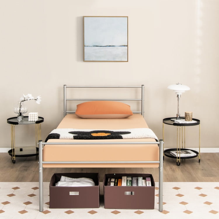 13.5" Tall Twin Bed Frames with Headboard, Silver Metal Platform Bed