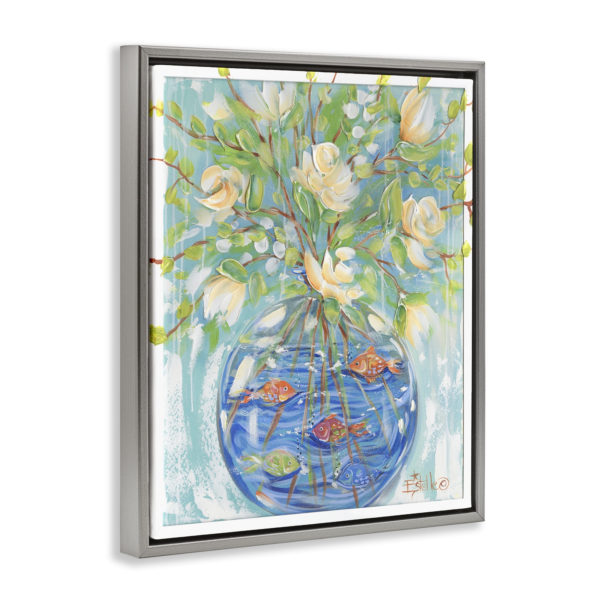 Stupell Industries Fish Bowl Bouquet Plants & Flowers Painting Gray Floater Framed Canvas Art Print Wall Art, 17 x 21