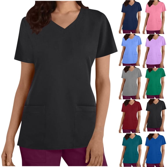 Miqool Scrubs Top for Women V Neck Classic Fit Scrub Shirts with 4 Pockets, Soft, 2-Way Stretch & Durable Fabric